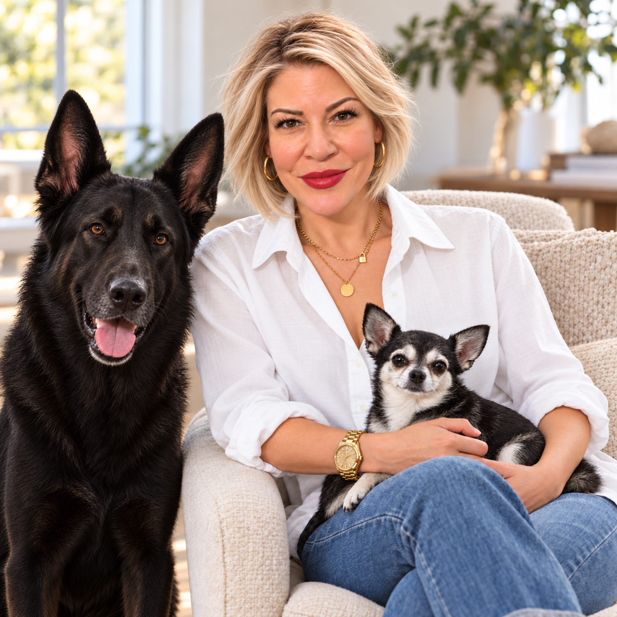 Jill with her two dogs, founder of The Jill Edit
