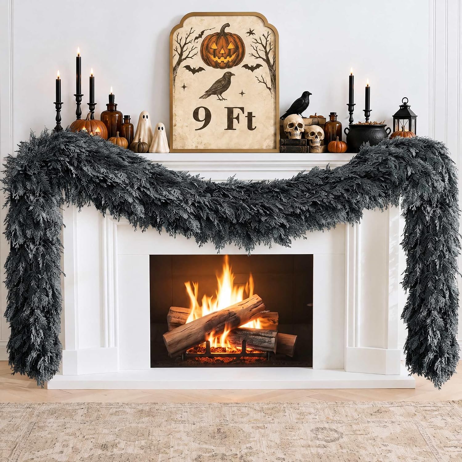 Halloween Fireplace Décor Gothic Black Cedar Garland — 9 Ft