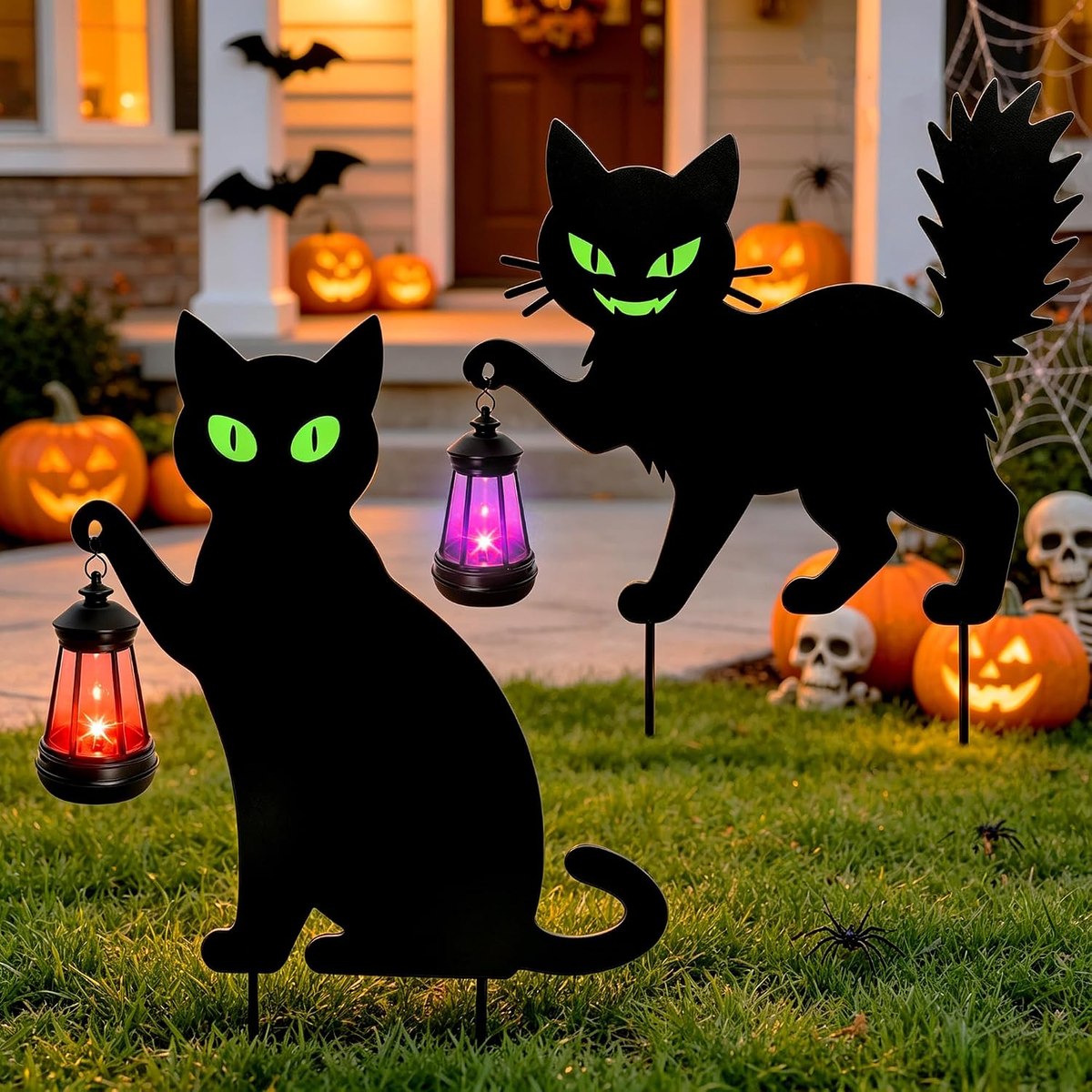 ANGMLN Solar Black Cat Yard Stakes with Hanging Lanterns — 2 Pcs