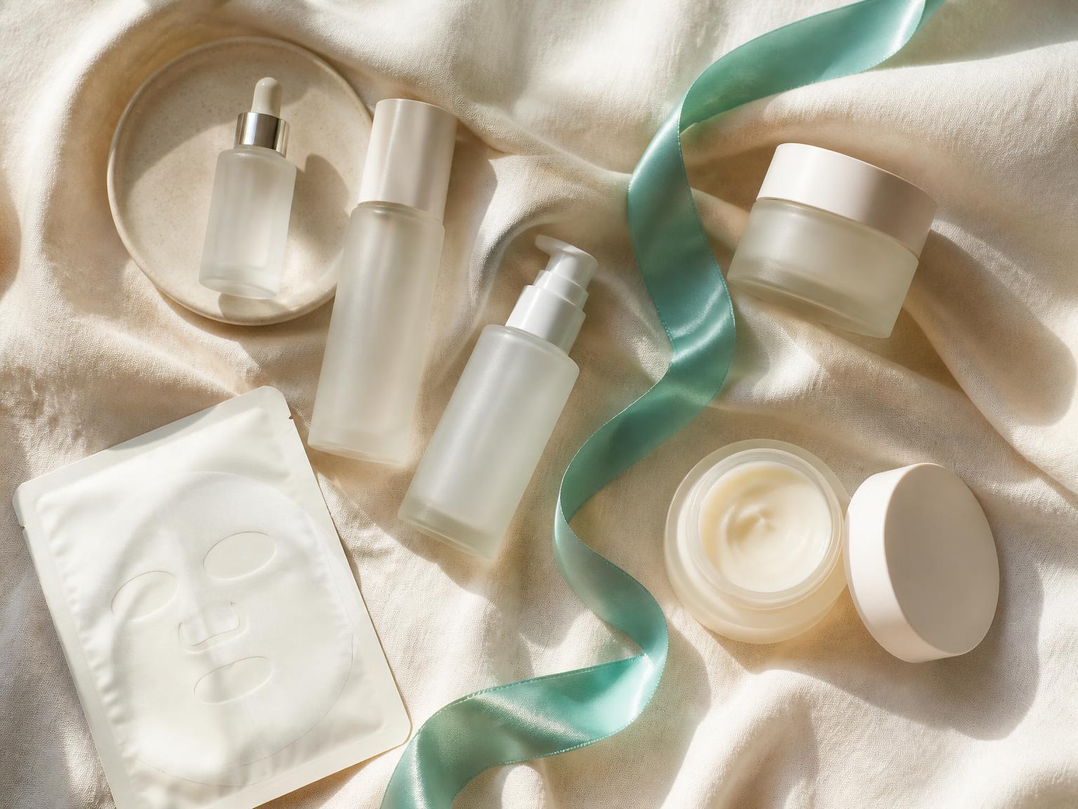 Frosted skincare bottles and a sheet mask on cream linen with a Tiffany-blue ribbon