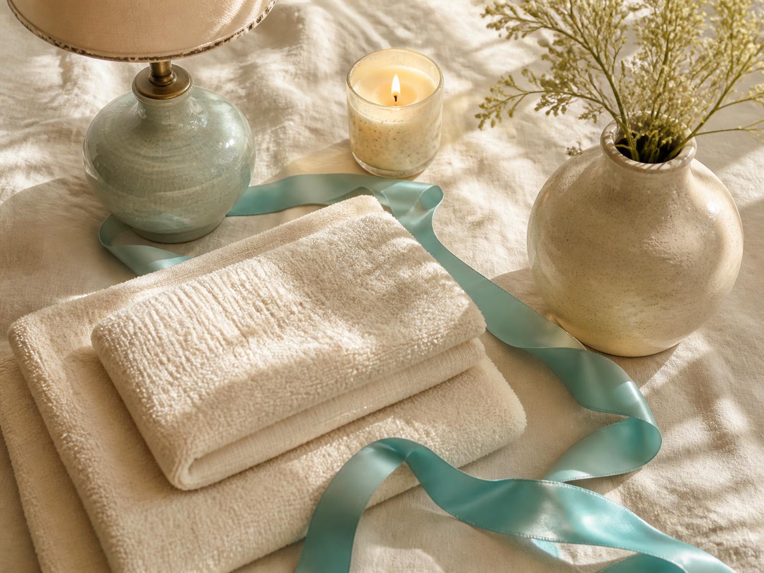 Ceramic lamp, folded towels and a candle with a Tiffany-blue ribbon