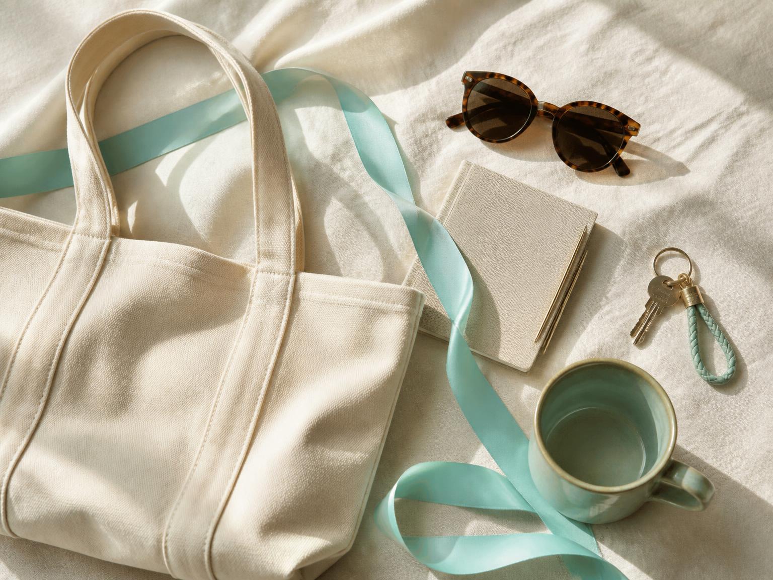 Canvas tote, sunglasses, notebook and keys on cream linen with a Tiffany-blue ribbon