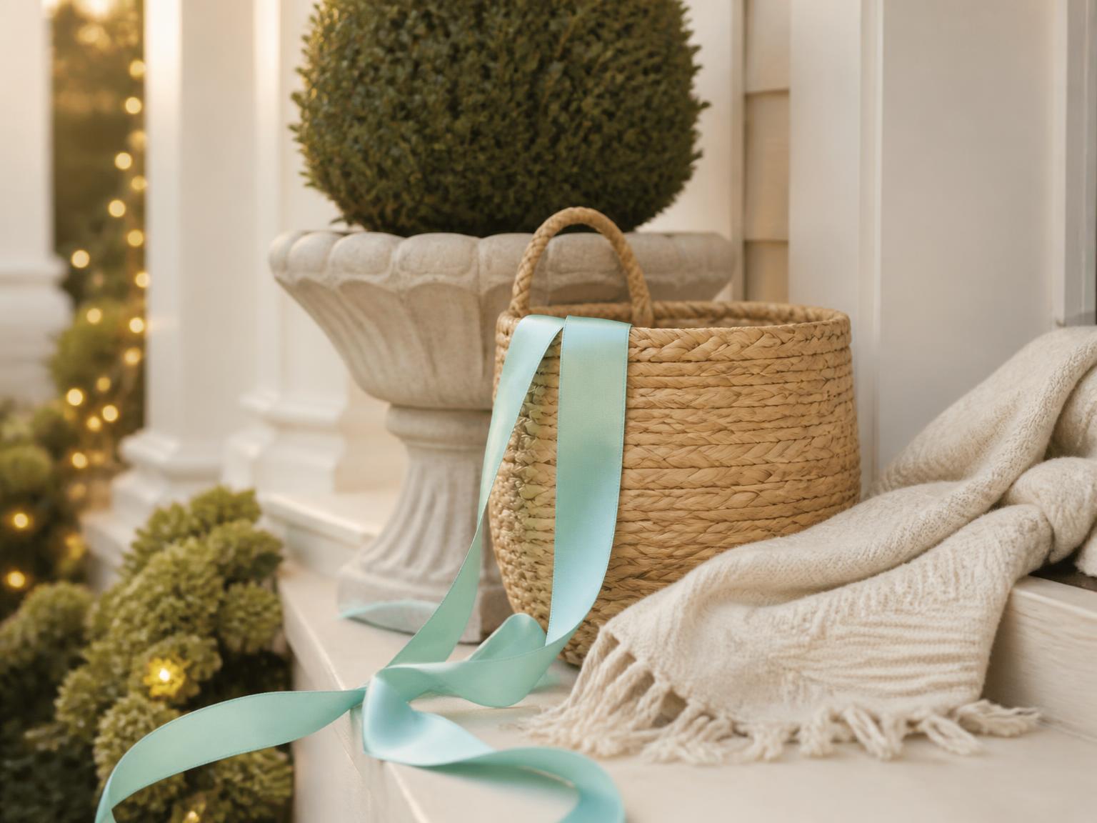 Cream porch with topiary, woven basket and a Tiffany-blue ribbon