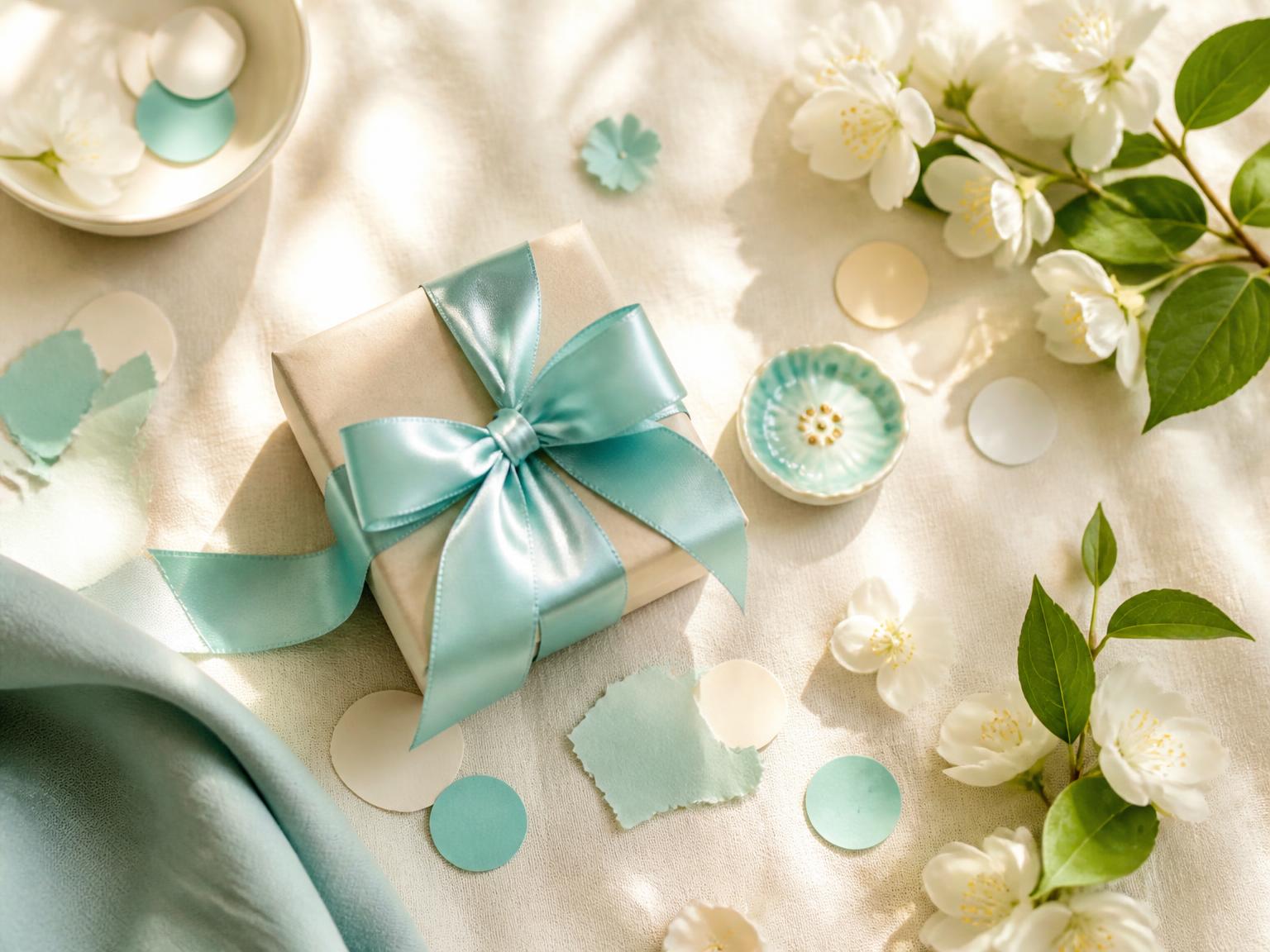 Small gift wrapped in Tiffany-blue ribbon with blossoms and confetti