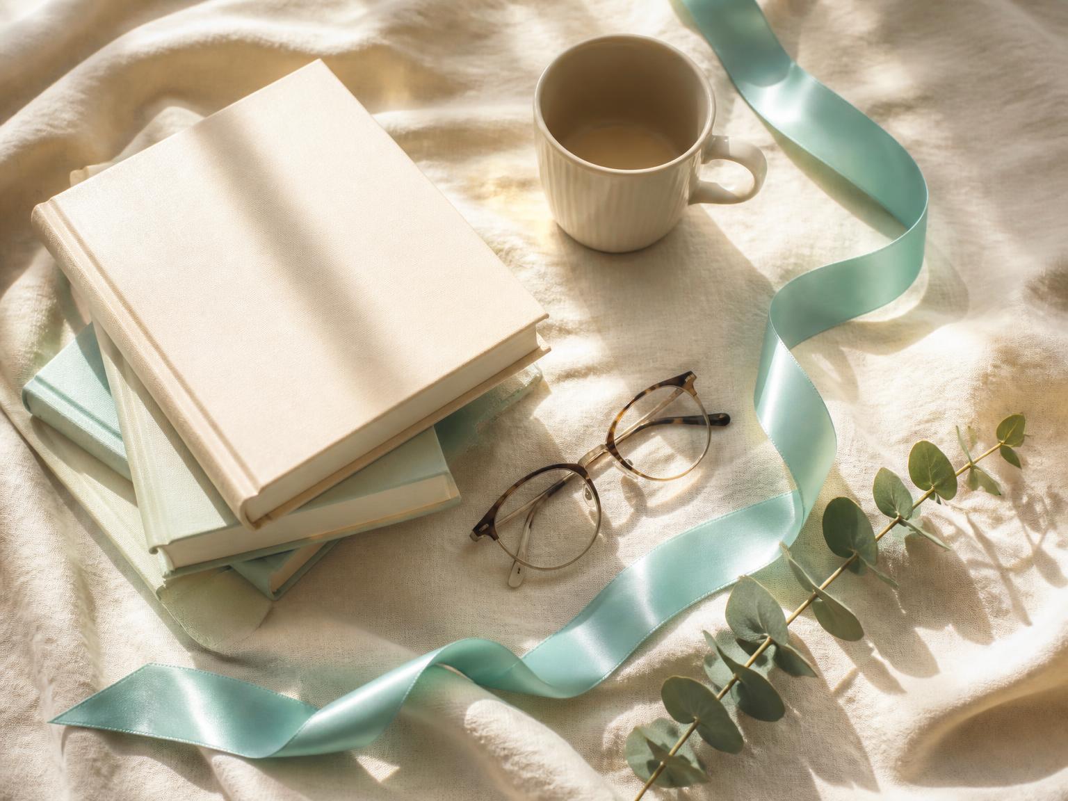 Stack of books, reading glasses and coffee on cream linen with a Tiffany-blue ribbon