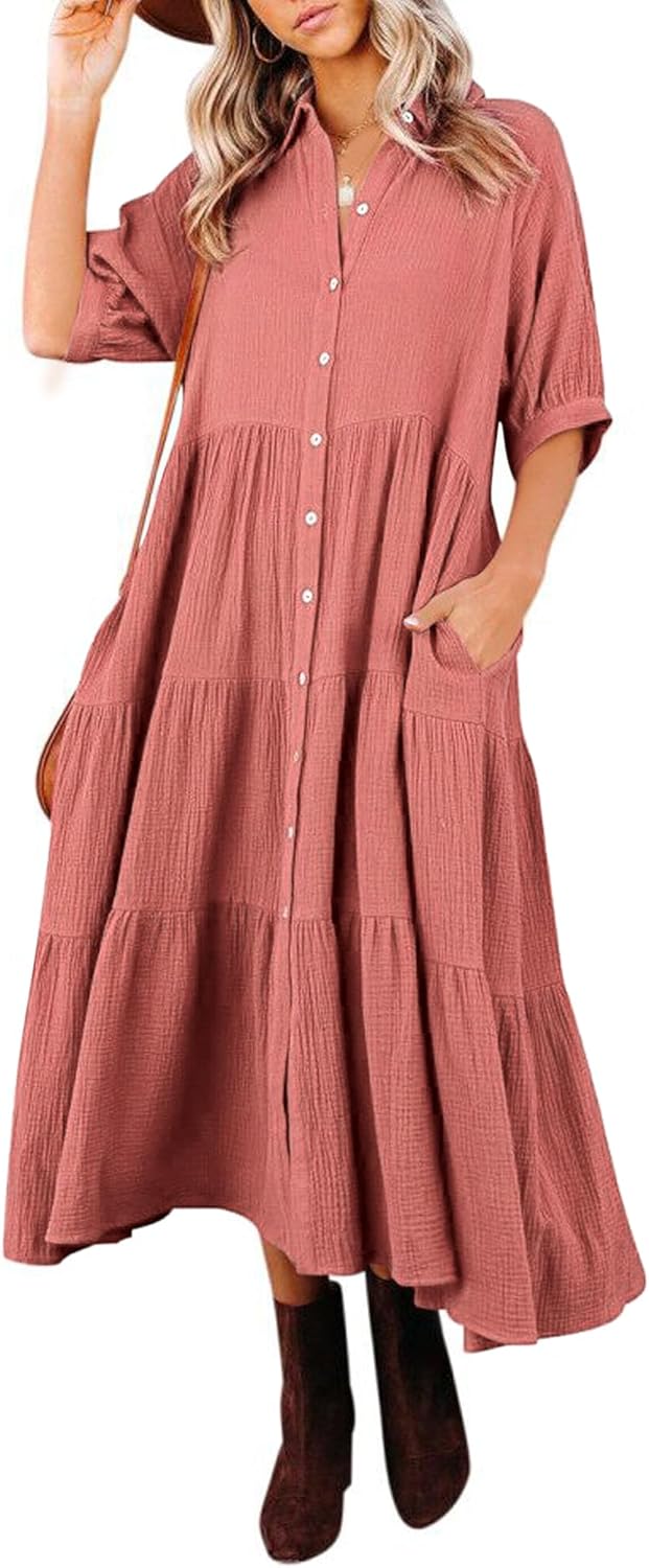R.Vivimos Cotton Button-Down Midi Dress with Pockets