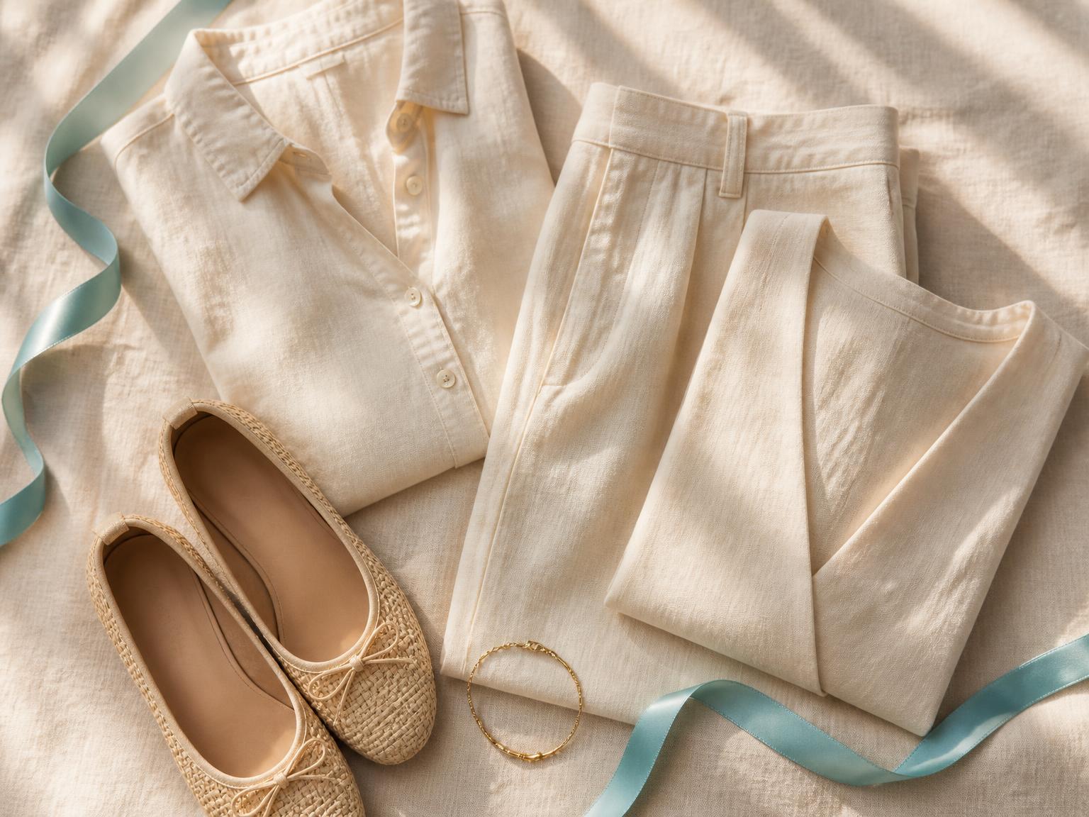 Folded ivory linen clothing and woven flats with a Tiffany-blue ribbon