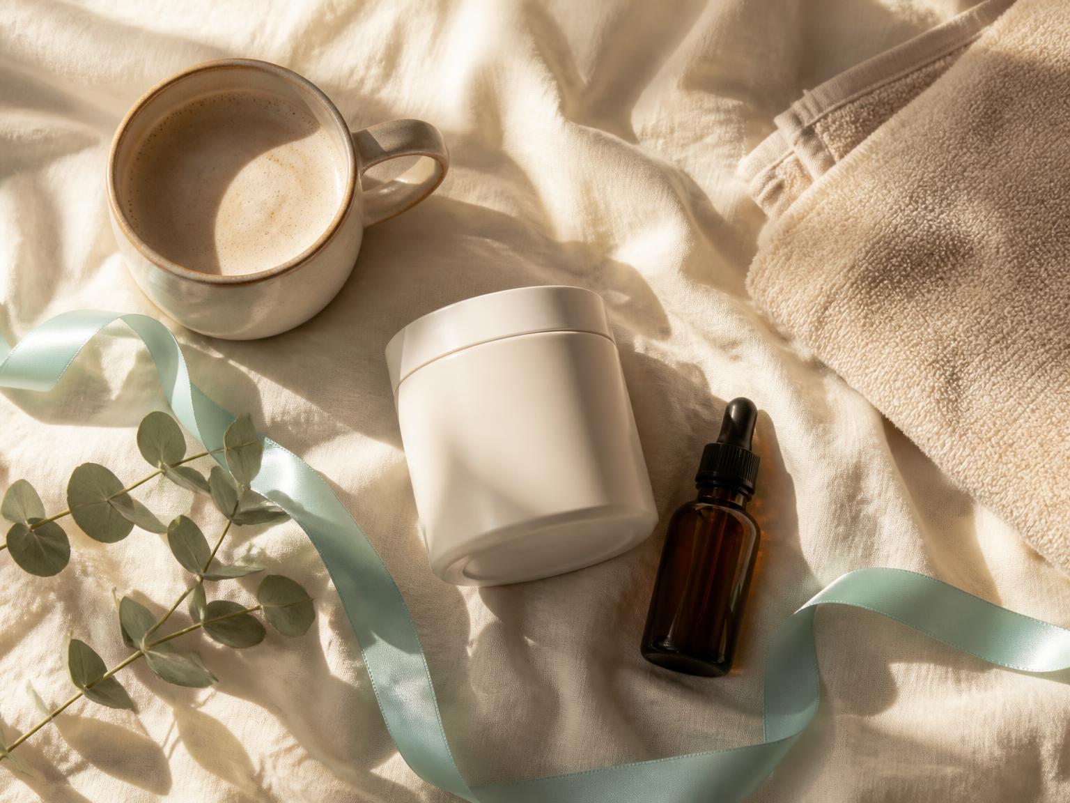Coffee, supplements and a dropper bottle on cream linen with a Tiffany-blue ribbon