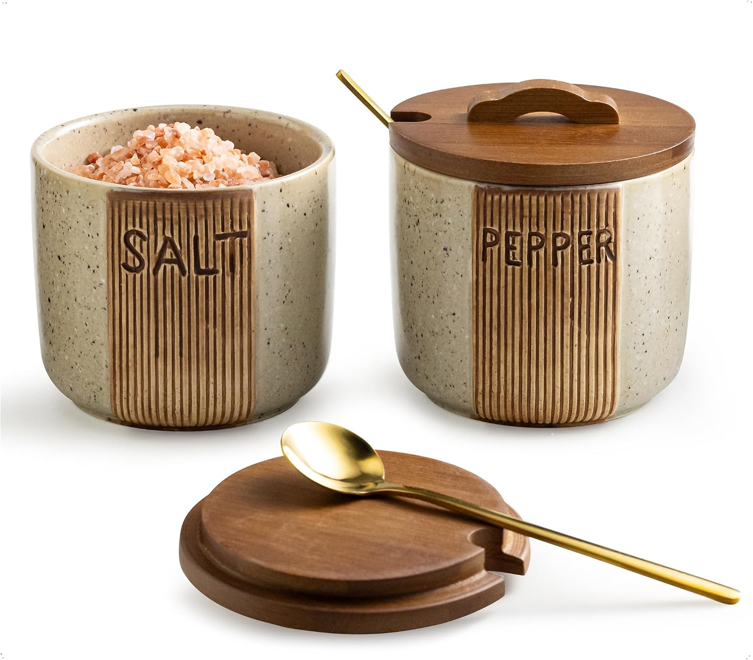 YHOJOY Ceramic Salt Cellar with Lid and Spoons
